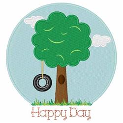 Whimsical tree with a smiling face and tire swing, fluffy clouds in a blue sky, perfect for kids' designs.