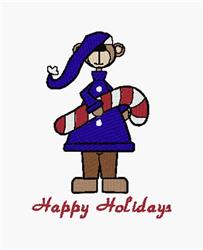 Playful monkey in a blue coat and purple hat holding a candy cane, with 'Happy Holidays' in red. Perfect for festive embroide