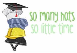 Colorful stack of hats including a graduation cap, blue cap, yellow hard hat, and black hat with playful text.