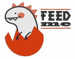 Cartoon hatching dinosaur with spikes and a big grin beside bold 'FEED me' text, playful design.