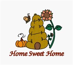 Haystack adorned with a cheerful sunflower and a charming pumpkin, featuring a buzzing bee, in whimsical autumn decor.