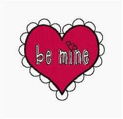 Playful pink heart with white scalloped edge and whimsical 'be mine' text, perfect for Valentine's Day.