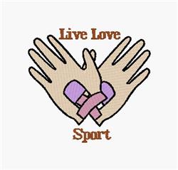 Playful heart shape formed by two hands in soft beige with purple accents, featuring 'Live Love Sport' text.