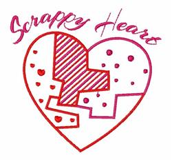 Heart quilt filled with playful stripes and polka dots in pink and red, featuring 'Scrappy Hearts' text.