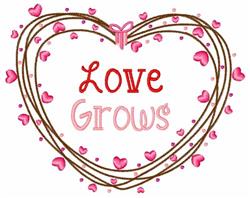 Heart shape with playful pink hearts and brown vines, featuring 'Love Grows' text for Valentine's Day.