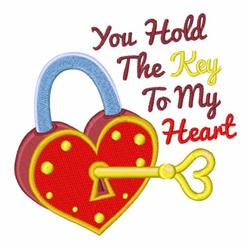 Heart-shaped lock with yellow dots and blue shackle, vibrant red design, along with a playful yellow key and cheerful quote f