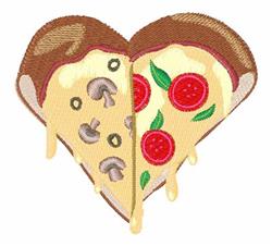 Applique heart-shaped pizza slice with vibrant cheese, pepperoni, mushrooms, and green leaves design.