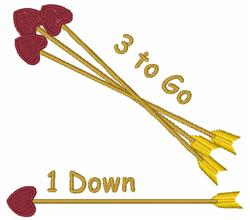 Playful arrows with heart-shaped tips in red and gold, featuring '3 to Go' and '1 Down' for romantic occasions.