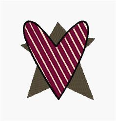 Heart with burgundy stripes and bold outline set against a khaki star background, playful graphic design.