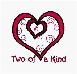 Colorful hearts within hearts design with swirls and 'Two of a Kind' text for Valentine's Day quilt squares.