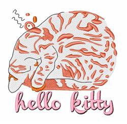 Hello Kitty in a cozy sleeping pose with closed eyes and pink lettering, featuring whimsical details in a cartoonish style.