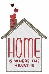 Cozy house design with a peaked roof, hearts from the chimney, and 'HOME' in red text, perfect for warm decor.