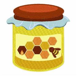 Colorful jar of honey with a brown lid, filled with golden honey and surrounded by honeycomb and a cute bee.
