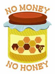 Playful honey jar with a blue lid, vibrant yellow hues, and a bee illustration, featuring 'NO MONEY NO HONEY' text.