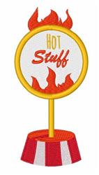 Playful sign with text 'Hot Stuff' in a yellow circle, surrounded by vibrant red flames on a white background.