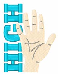 Playful human hand design with light skin tones and gray outline, featuring bold blue 'HI' text.