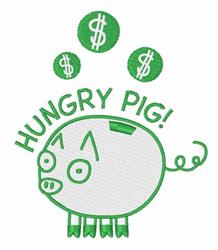 Playful pig design with green outline and floating dollar signs, featuring 'HUNGRY PIG!' text.