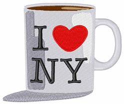 Whimsical coffee mug with brown interior, featuring 'I ♥ NY' text and heart design, perfect for playful kitchen decor.