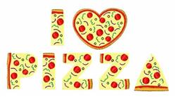 Playful text 'I ❤️ PIZZA' with yellow cheese and red pepperoni embellished on colorful pizza slices.