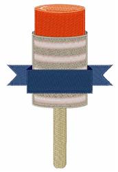 Colorful ice pop in orange and beige with a wooden stick, wrapped in a playful blue banner ribbon, perfect for summer.