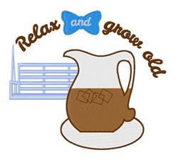 Stylized pitcher of iced tea with ice cubes, blue bow, and bench outline, perfect for seasonal relaxation.
