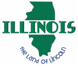 Illinois state outline in green with bold 'ILLINOIS' above and playful blue 'the Land of Lincoln' text below.