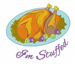 Playful roasted turkey with colorful garnish vegetables and 'I'm Stuffed' text on a blue background, perfect for Thanksgiving