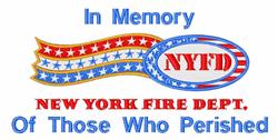 Text design featuring 'In Memory' and 'NEW YORK FIRE DEPT' in bold red and blue, adorned with stars and stripes, honoring mem
