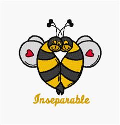 Applique inseparable bees with yellow and black stripes, smiling faces, and pink hearts. Perfect for children's projects.