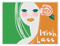 Stylized female face with long orange hair, pink cheeks, and a rose, set against a green background for St. Patrick's Day.