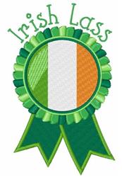 Colorful rosette celebrating St. Patrick's Day, featuring a green ribbon and Irish flag with 'Irish Lass' text.