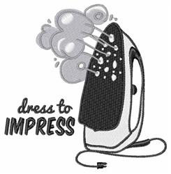 Playful cartoonish iron with steam and 'dress to IMPRESS' text, modern black and white design.