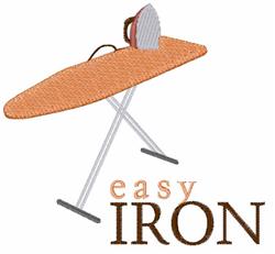 Stylized ironing board with bright orange surface and small iron on top, featuring the text 'easy IRON' in cheerful design.
