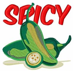 Colorful appliqué of vibrant jalapeño peppers with sliced lemon, bold 'SPICY' in red, playful design.