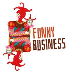 Playful jester character in a colorful outfit and red hat, featuring bold 'FUNNY BUSINESS' text. Humorous and whimsical.