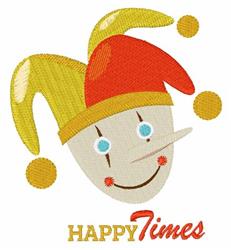 Playful jester face with a yellow and red hat, cheerful blue eyes, and a long nose. Ideal for festive celebrations.