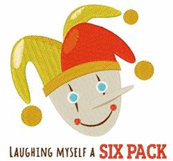 Cheerful jester face with blue eyes, a yellow and red hat with pom-poms, featuring humorous text in bold letters.