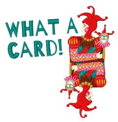 Colorful jester figures with playful expressions in vibrant attire and a festive 'WHAT A CARD!' message.