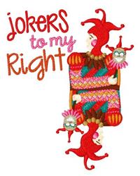Jester figures adorned with red hats and quirky expressions, surrounded by colorful patterns and whimsical text.