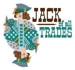 Playful jester character in vibrant blue and green patterns with 'JACK of all TRADES' text in earthy browns.