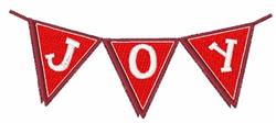 Joy banner in bold white letters on red triangular flags, vibrant festive decor for holiday celebrations.