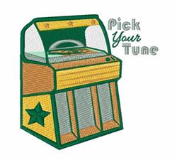 Colorful jukebox with vibrant yellow and green hues, geometric shapes, and 'Pick Your Tune' text. Playful design.