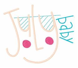 Playful text design with 'July' in bright blue, a smiley face with pastel pink cheeks, and colorful dots.