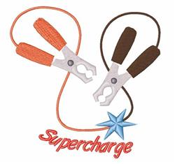 Jumper cables with vibrant orange cords and silver clips intertwined with a blue star in a playful style.