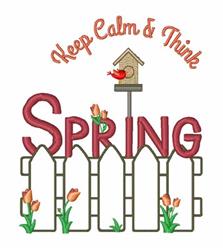 Text with floral elements features 'Keep Calm & Think Spring' above a birdhouse on a fence, surrounded by tulips, in a playfu