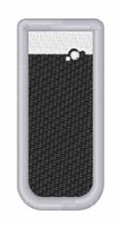Key fob with a modern design featuring a white top strip, solid black bottom, and rounded edges.