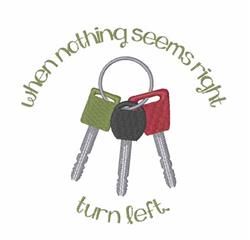 Playful key fob with a circular layout featuring a key ring and three colorful keys in red, green, and gray.