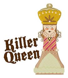 Playful embroidery featuring a queen figure with a golden crown, 'Killer Queen' text, vibrant colors for Halloween.