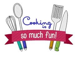 Applique kitchen utensils collection featuring a colorful whisk, spatula, and knife with a cheerful banner.