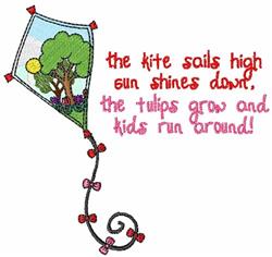 Playful kite with a tree and sun, bright colors, vibrant tulips, perfect for springtime.
